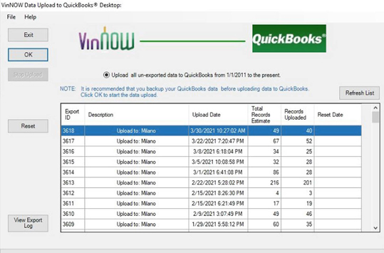 VinNOW software screen capture with upload to QuickBooks.