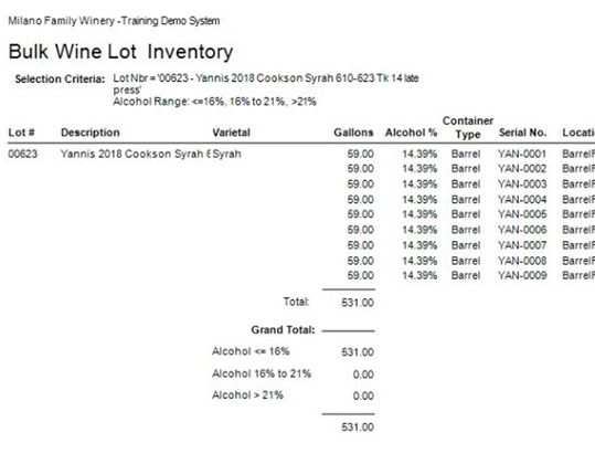 VinNOW software screen capture with Bulk Wine Lot Inventory screen.