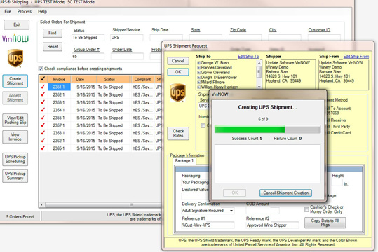 VinNOW software screen capture with UPS shipment.